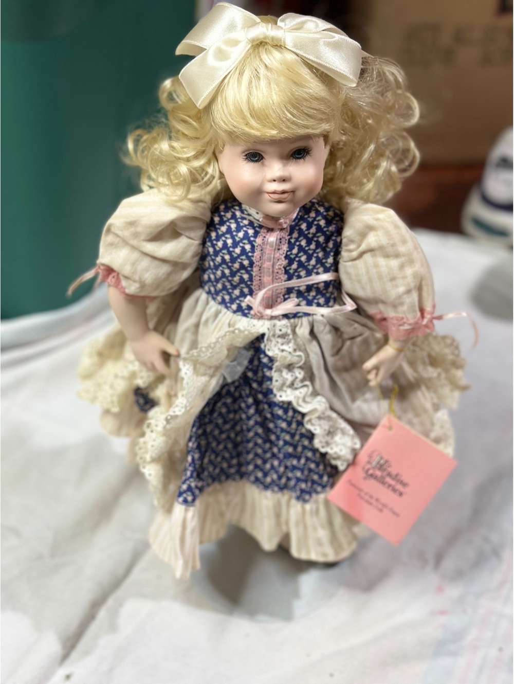 1992 Paradise Galleries Porcelain Doll with Blonde Hair and Blue Dress
